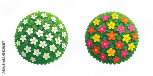 Colorful and white flowering round bushes perfect for garden design and nature illustration.