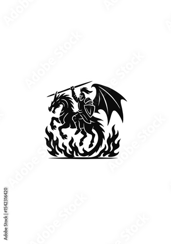 Epic Black Silhouette of Knight Riding Dragon with Flaming Background on Grey for Fantasy, Medieval, and Mythical Graphic Concepts