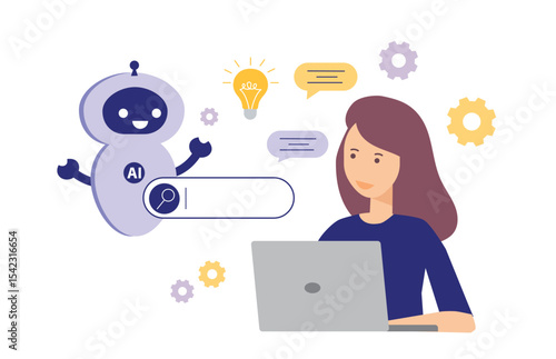 Woman using artificial intelligence generative tools for searching or browsing internet. Search concept.