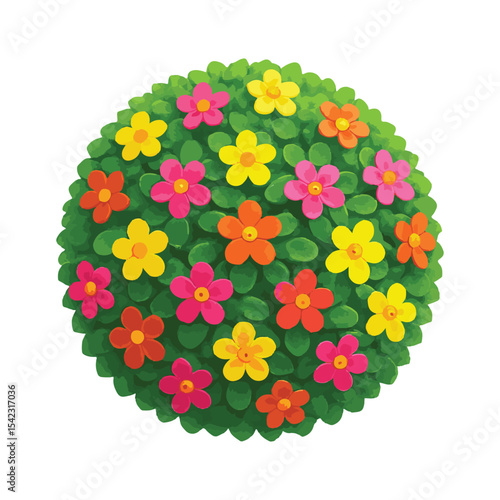 Vector illustration of spherical garden bushes with vibrant flowers used in natural themed projects.