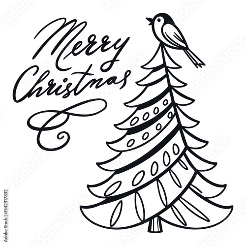 Merry Christmas Bird on Christmas Tree Festive Holiday Line Art Illustration