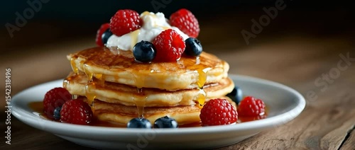 Delicious pancake stack with berries and syrup on wooden table in natural light
