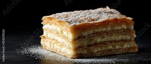 Closeup rotation of millefeuille pastry dusting with sugar on black background