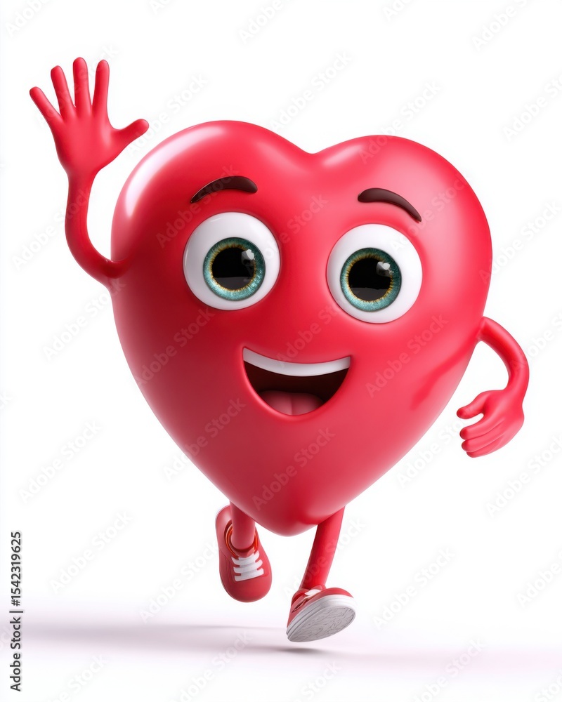 Fototapeta premium A cute cartoon human heart with big eyes and smile, waving hand, glossy texture, isolated on white background