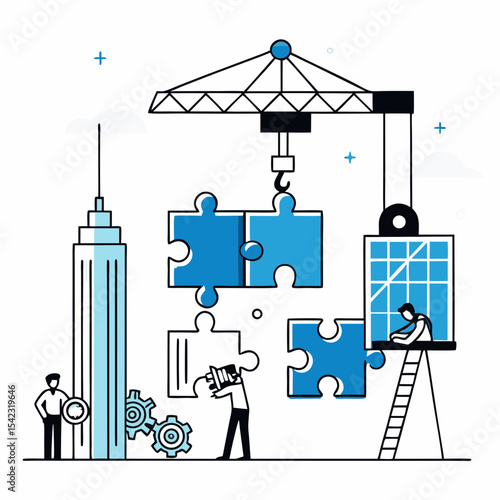 Project Construction and Collaborative Development Vector Illustration with Puzzle Pieces

