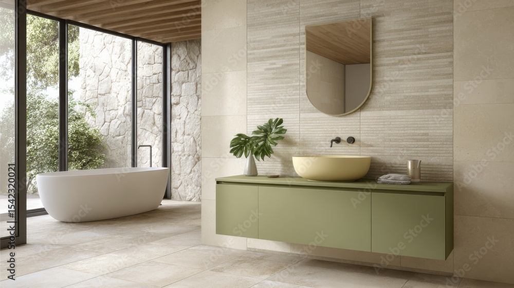 Fototapeta premium organic contemporary bathroom, cream ceramic tiles, olive green vanity, sandy stone floor, natural light, minimal decor