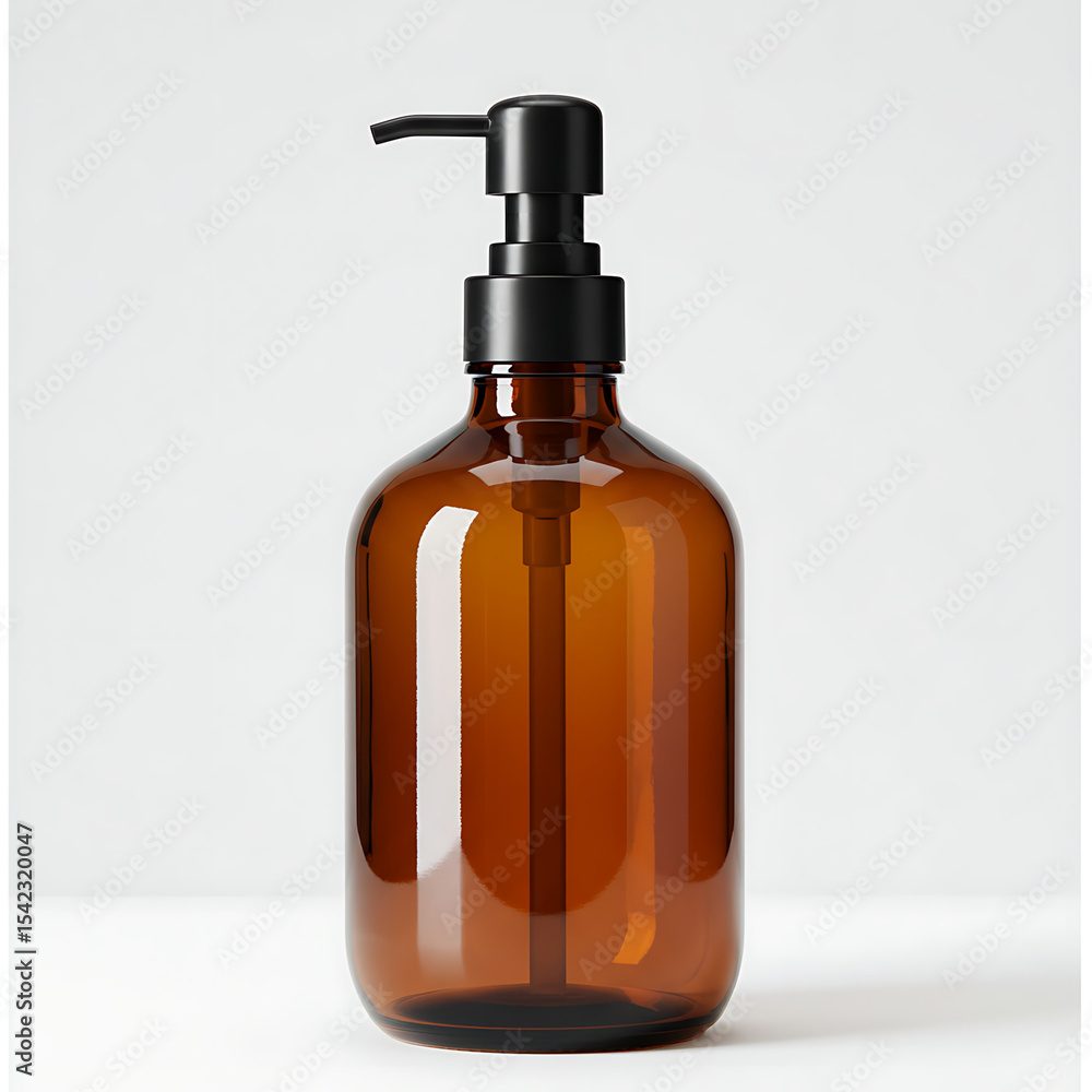 Elegant amber glass bottle with sleek black pump dispenser, perfect for sophisticated bathrooms. Elegant amber glass bottle with sleek black pump dispenser, perfect for sophisticated bathrooms.