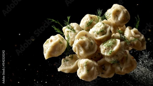 Mouthwatering homemade dumplings cascading with fresh herbs in slow motion