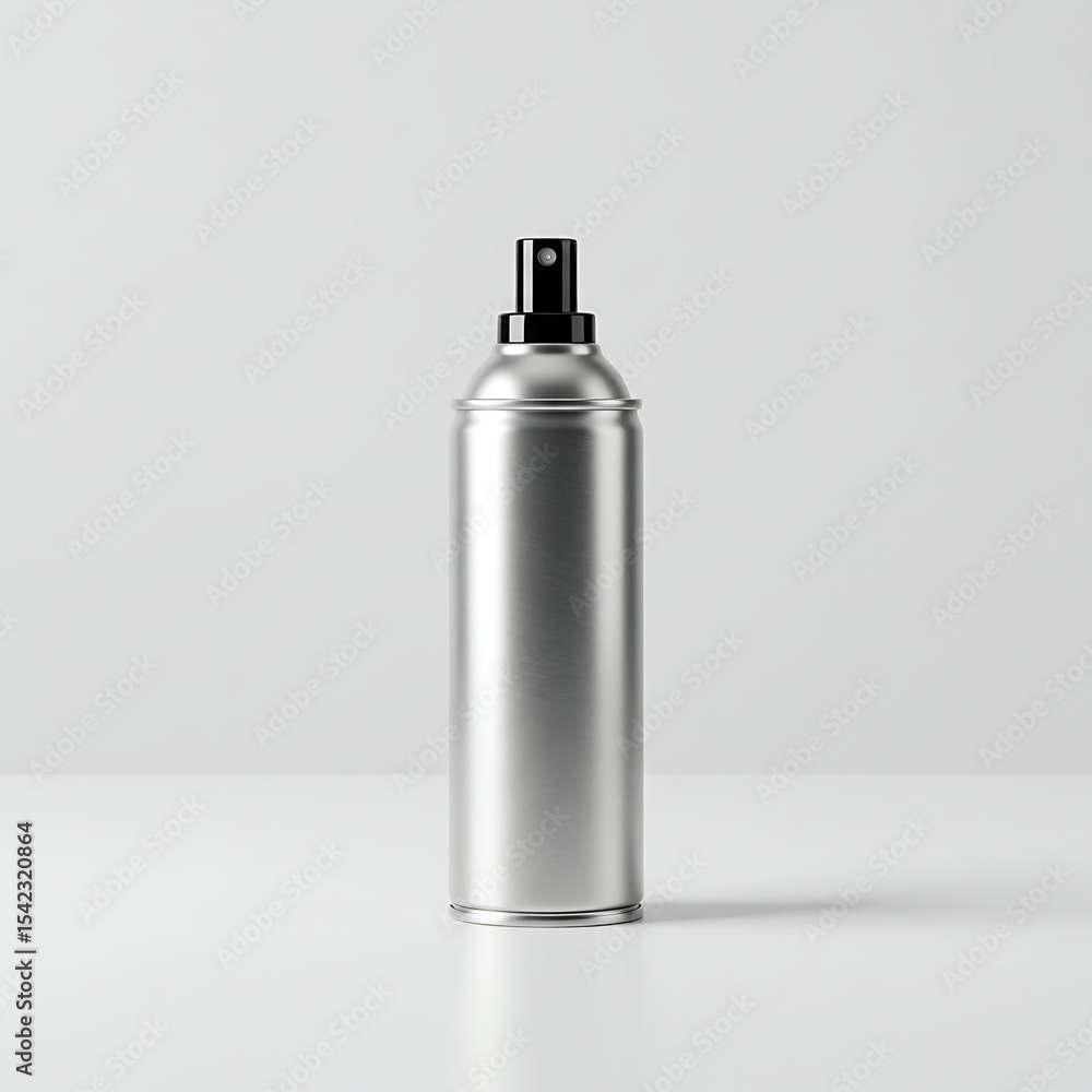 A sleek, metallic spray can with a black nozzle stands on a white surface against a bright background. A sleek, metallic spray can with a black nozzle stands on a white surface against a bright background.