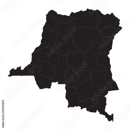 High-detail vector map of Democratic Republic of the Congo with provinces, cities, rivers, and geographic features