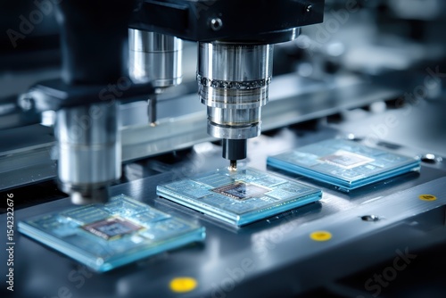 Silicon dies attached to substrate using precision equipment in a semiconductor manufacturing facility