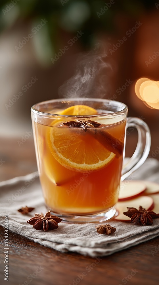 Hot Mulled Cider in Glass Mug with Orange and Spices on Rustic Table Hot Mulled Cider in Glass Mug with Orange and Spices on Rustic Table