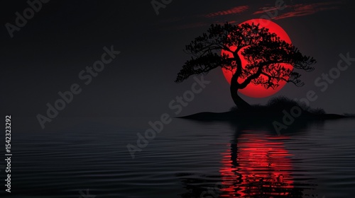 Glowing red moon over a Japanese-inspired dark landscape, designed as a stunning 4K desktop wallpaper