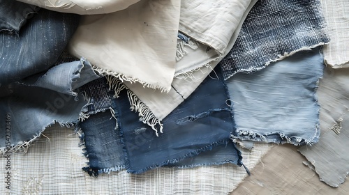 Assorted shades of indigo and cream fabrics with frayed edges.