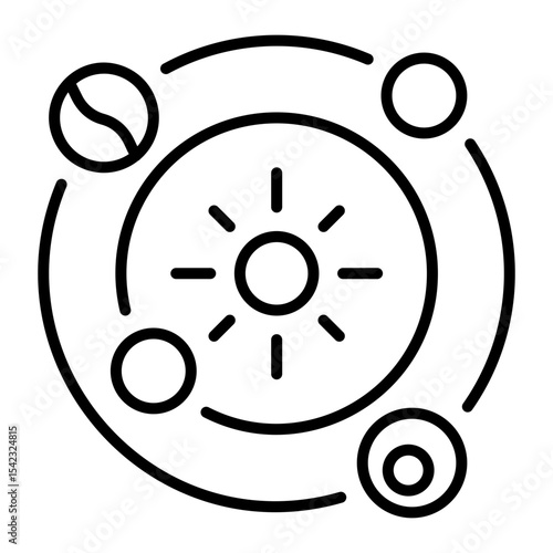 An outline style icon depicting astrophysics  