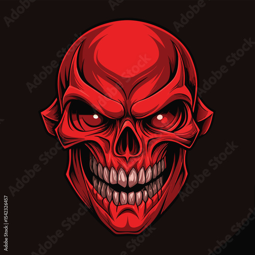 A menacing red skull illustration with sharp teeth and glowing eyes on a dark background