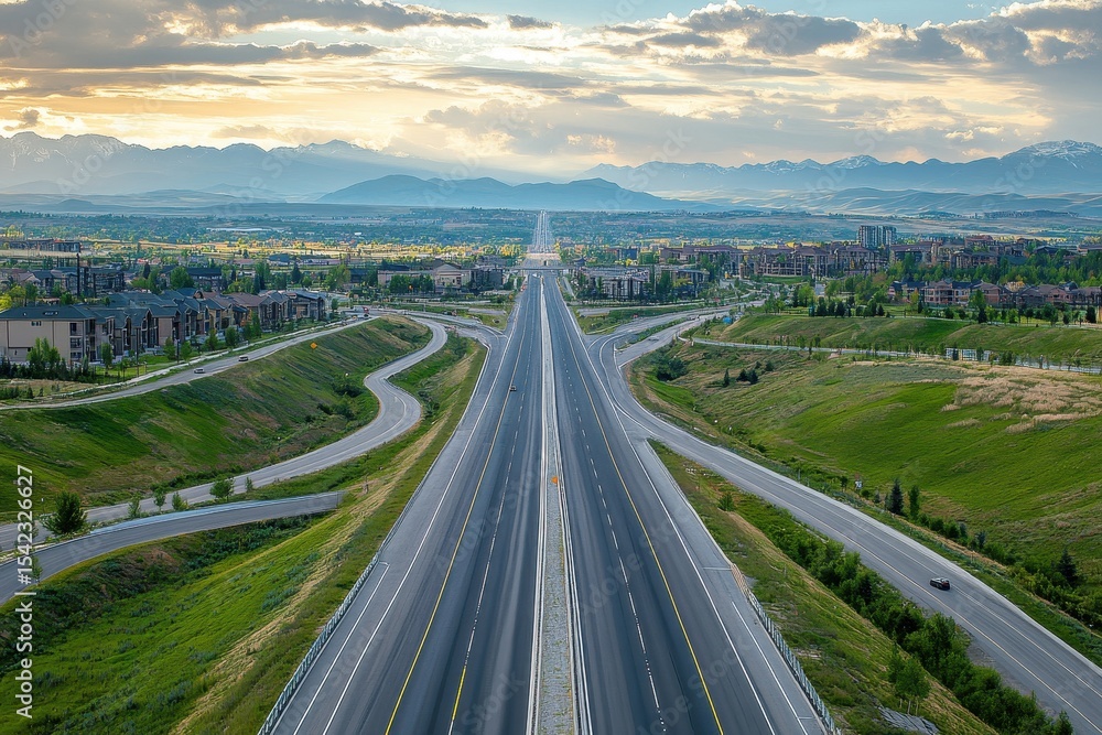 Aerial view shows vehicles traveling on a multi-lane highway during daylight hours in South Korea with apartments and distant mountains Aerial view shows vehicles traveling on a multi-lane highway during daylight hours in South Korea with apartments and distant mountains