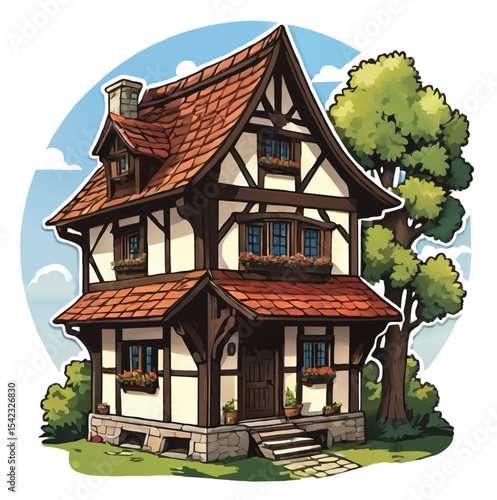 medieval timber frame house cartoon vector pattern
