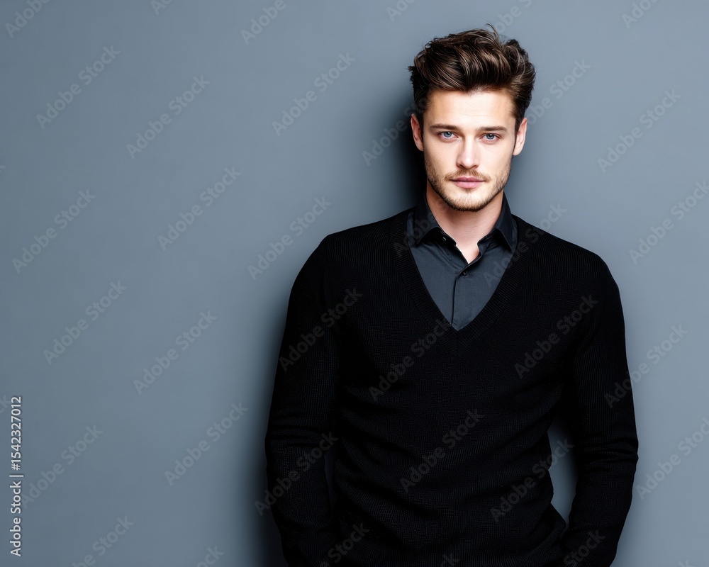 Handsome man in black attire against gray background Handsome man in black attire against gray background