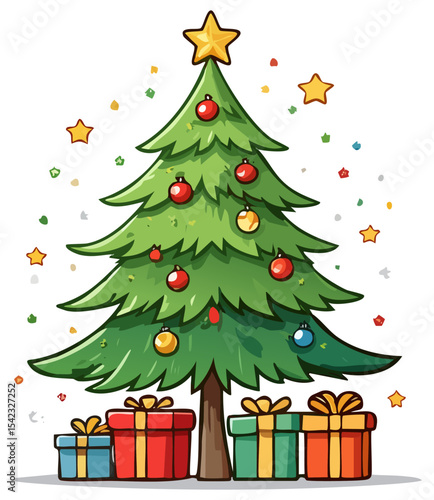 Christmas tree with gifts clipart illustration, isolated 