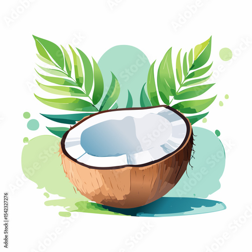 Halved Coconut with Tropical Green Leaves on Aqua Watercolor Background