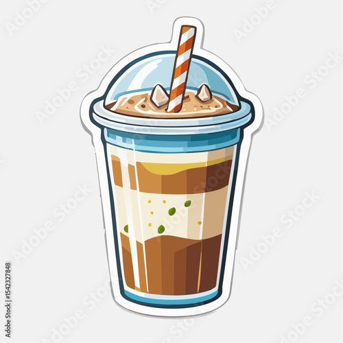 Layered Coffee Ice Cream Drink in Plastic Cup with Straw