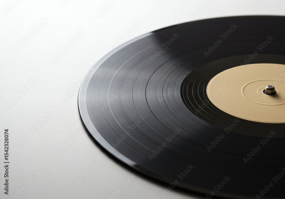 Obraz premium Close-up of Vinyl Record with Beige Label, Minimalist White Background