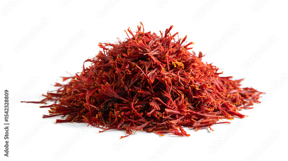 Naklejka premium Top view flat lay overhead red crocus sativus saffron spice isolated on a white background