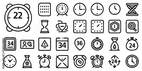Hand-drawn collection of various time-related icons and symbols in minimalistic black outline