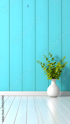 Decorative plant in a vase on a wooden floor against a paneled wall for interior design and home decor concepts