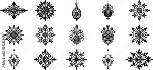 Traditional folk ornament Silhouette set, A set of several elements of patterns or ornaments, 