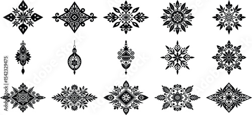 Traditional folk ornament Silhouette set, A set of several elements of patterns or ornaments, folk art design elements.