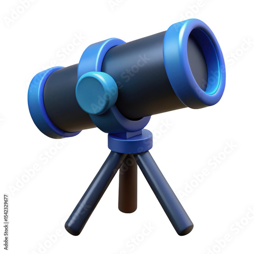 3d realistic blue telescope on tripod isolated on transparent background