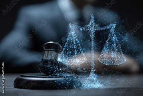 A digital illustration of scales of justice and a gavel symbolizes law and order, emphasizing modern legal themes