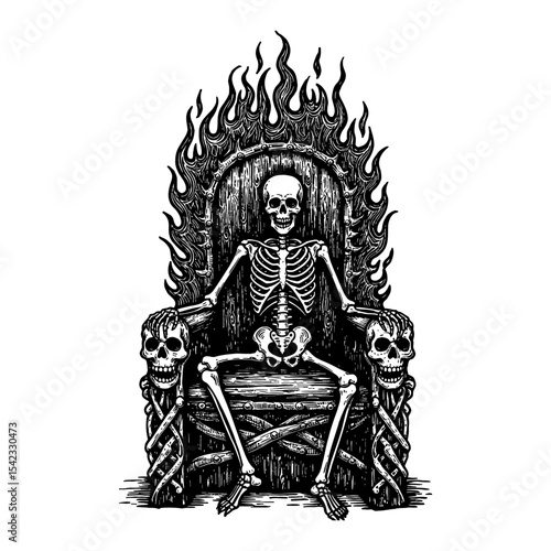 Majestic Empty Fire Throne with a Skeleton Sitting in Detailed Black and White Outline Line Art Drawing