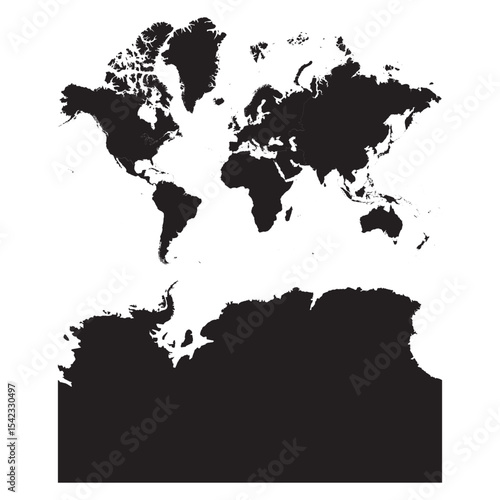 Detailed vector map of global world regions including Latin America, continents, borders, and geographic zones