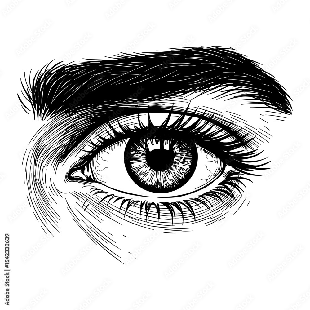 Fototapeta premium Very Detailed Men Eye with Eyebrow and Eyelashes Black and White Outline Line Art Drawing