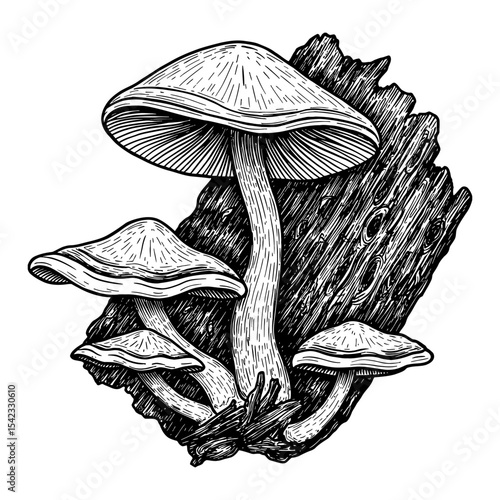 Vintage Black and White Outline Line Art Drawing of Wood Fungi Mushrooms on Tree Stump Forest Nature