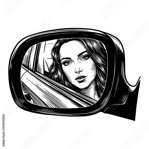 Beautiful Young Lady Reflection in Car Side View Mirror Black and White Outline Line Art Drawing
