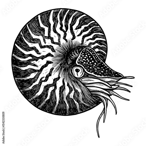 Detailed Ancient Chambered Nautilus Marine Mollusk Black and White Outline Line Art Drawing Illustration