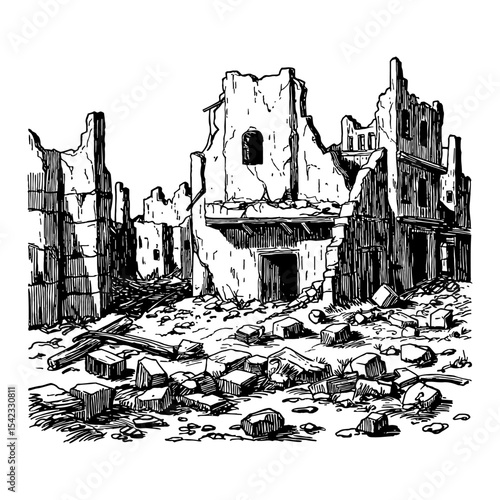 Devastated Middle East City Buildings Ruins After War with Rubble Black and White Outline Line Art Drawing