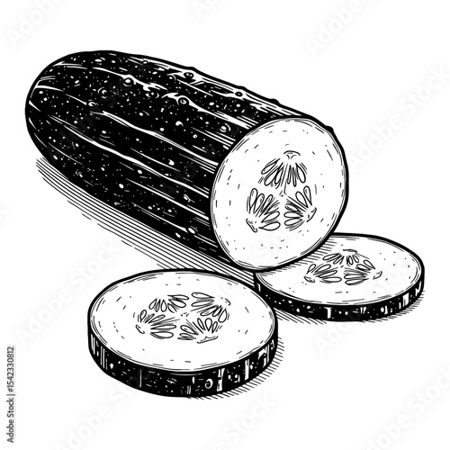 Fresh Organic Cut Cucumber Slices Healthy Vegetable Black and White Outline Line Art Drawing Engraving Style