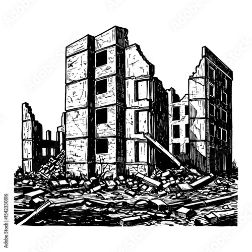 Detailed View of Destroyed Modern City Buildings Ruins After War Black and White Outline Line Art Drawing
