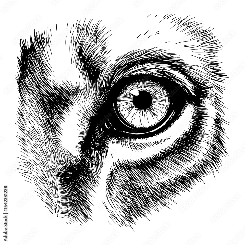 Obraz premium Detailed Close Up Eye of a Majestic Lion Black and White Outline Line Art Drawing with Fur Texture