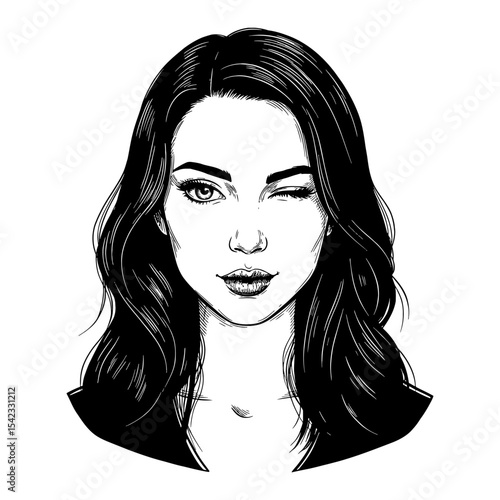 Beautiful Girl Flirty Winking Headshot with Long Wavy Hair Black and White Outline Line Art Drawing Vector Illustration