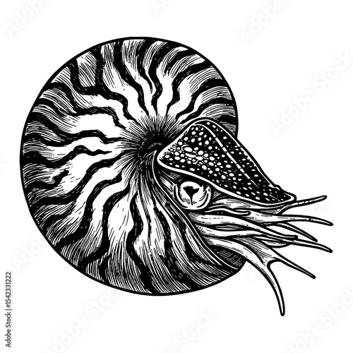 Detailed Spiral Chambered Nautilus Shell Marine Animal Black and White Outline Line Art Drawing
