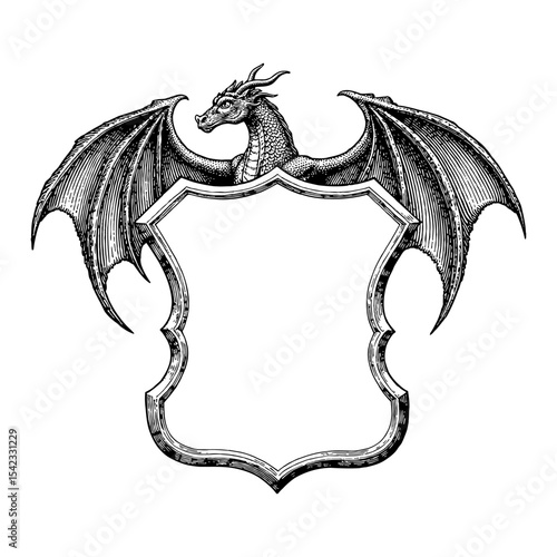 Vintage Blank Crest with Dragon Wings Black and White Outline Line Art Drawing Fantasy Element