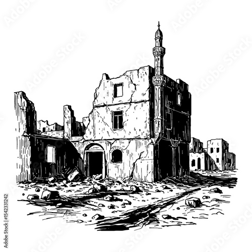 Destroyed Middle East City Ruins After War with Mosque Minaret Black and White Outline Line Art Drawing