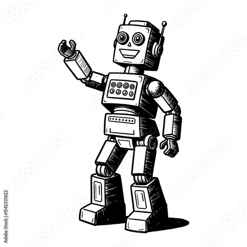 Dancing Retro Toy Robot Character Waving Hand Smiling Black and White Outline Line Art Drawing
