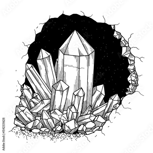 Mystical Crystal Cave Entrance with Sparkling Starry Background Black and White Outline Line Art Drawing